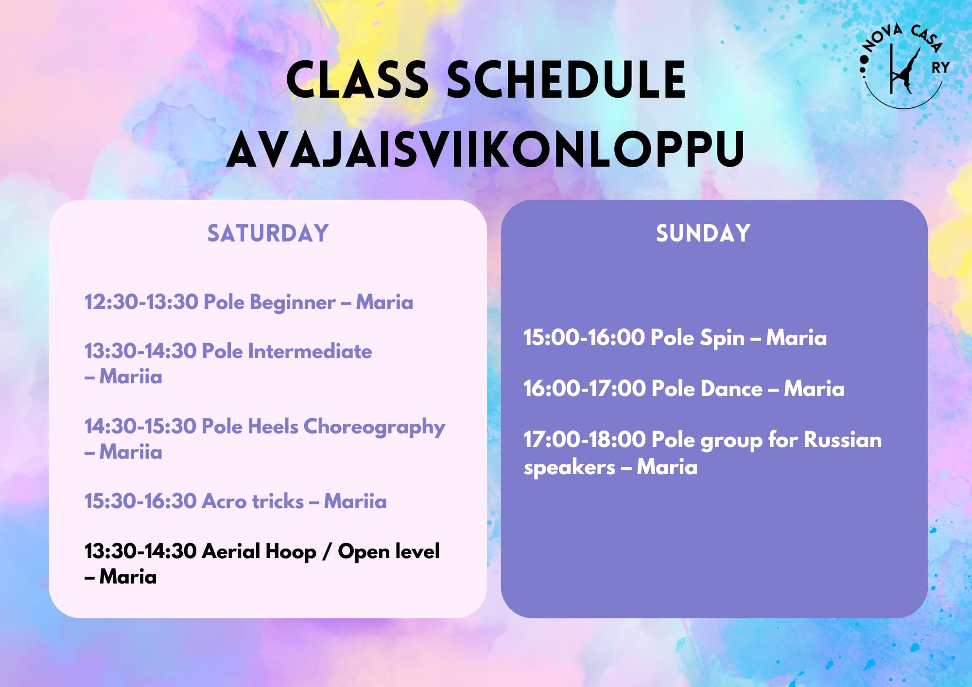 Class schedule - Avajaisviikonlopun kokeilutunnit